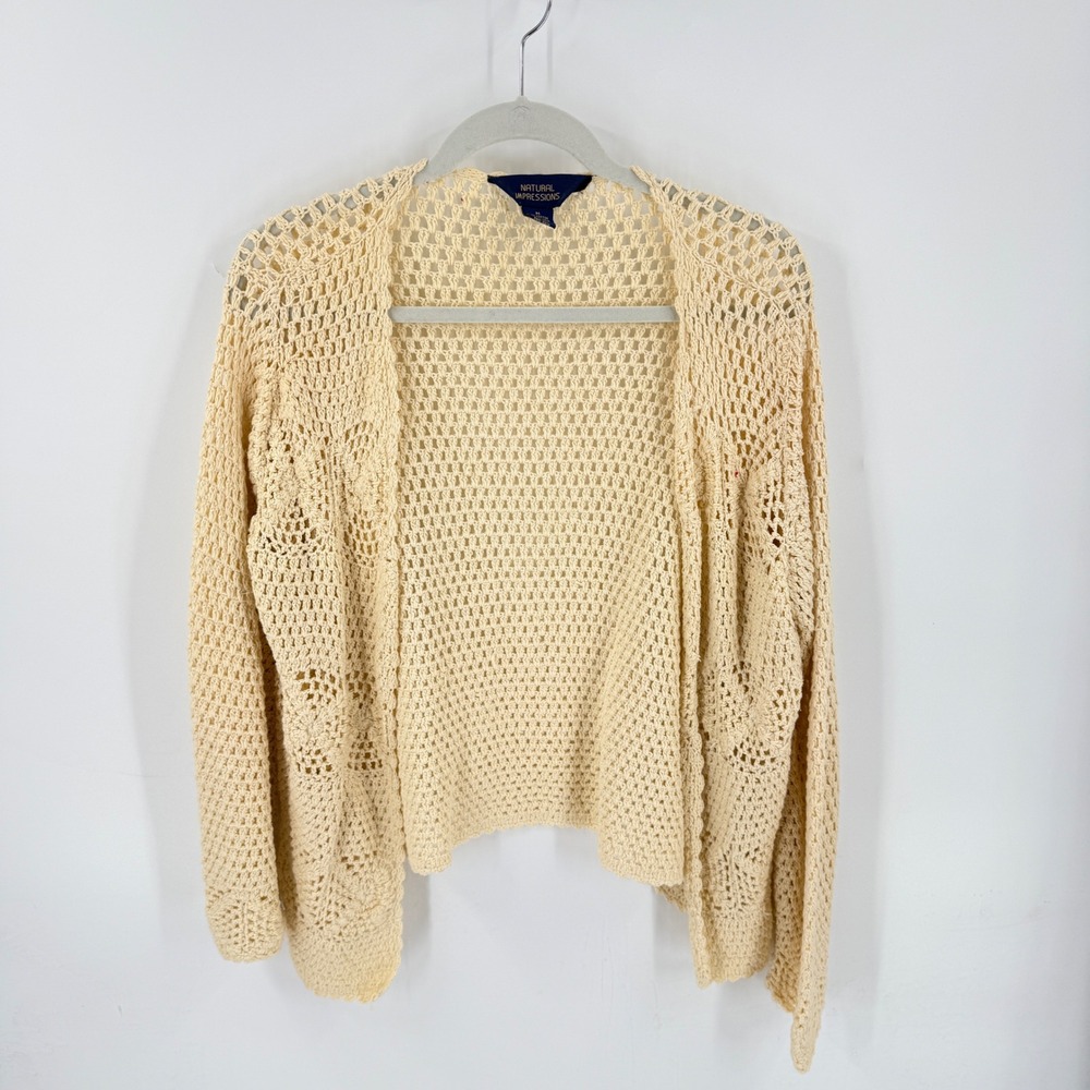 Vintage Open Knit Crochet Cardigan Cream Medium Cotton Boho Knit Coastal Cottage